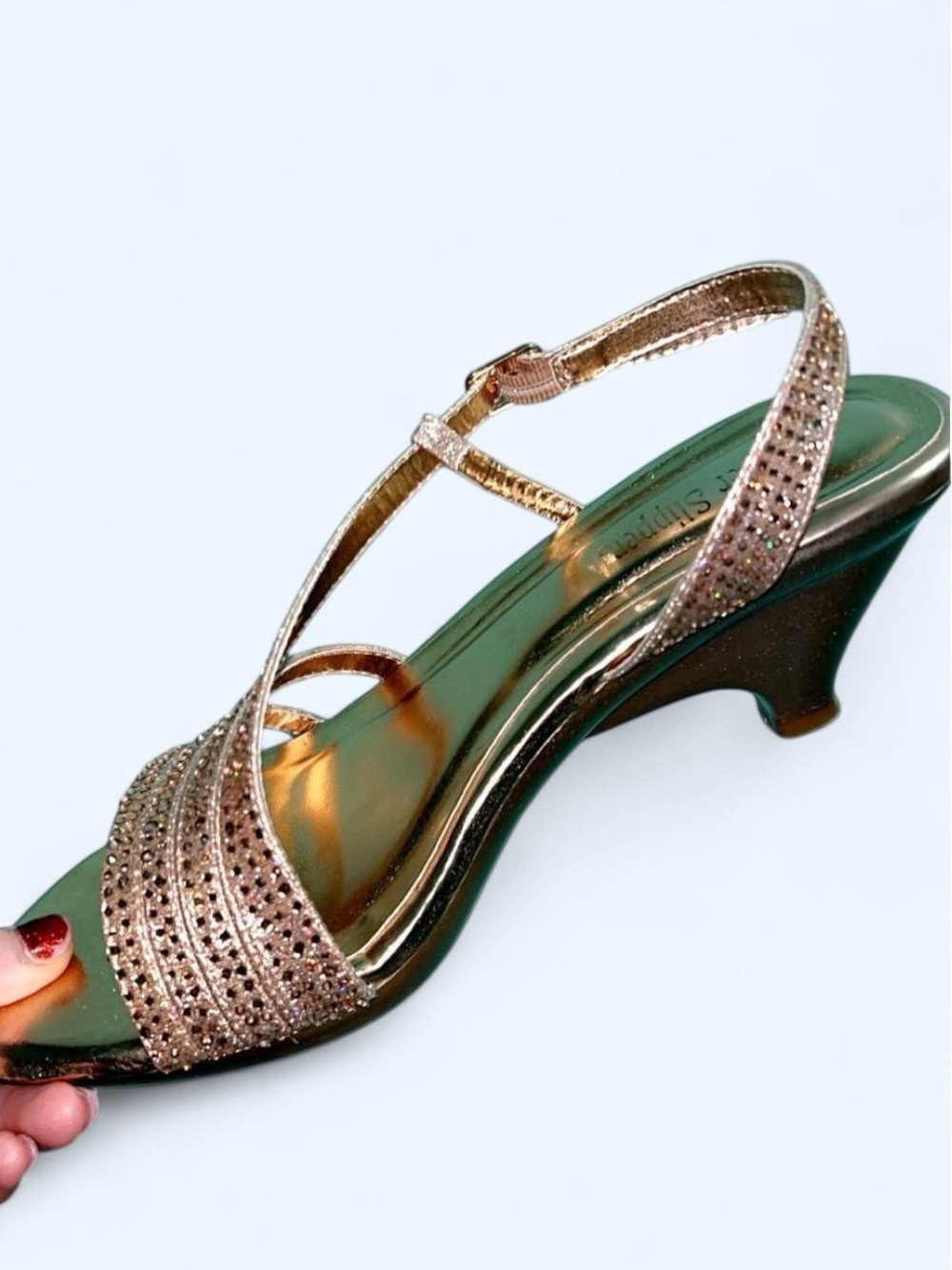Women's Gold Rhinestone T-Strap Kitten Heel Sandal